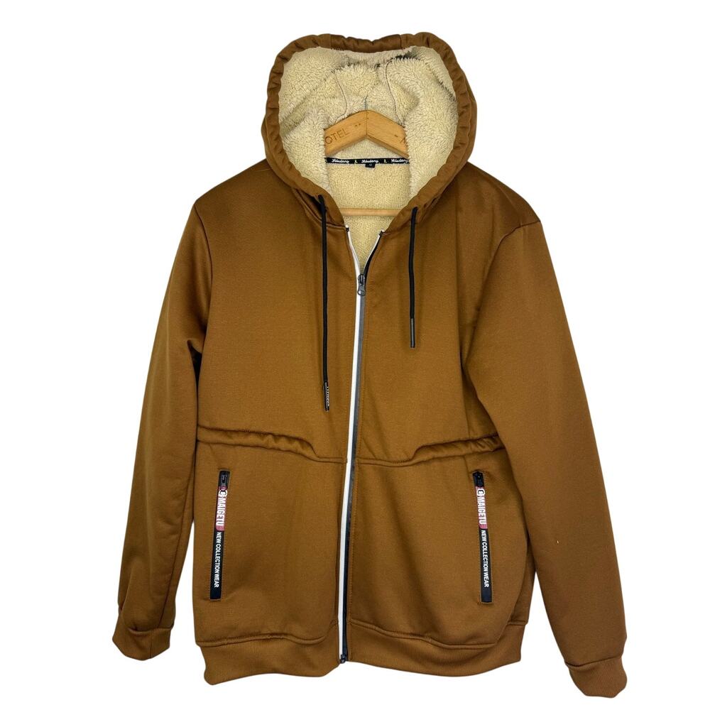 Lilaulang Brown Sherpa Lined Zip Hoodie Jacket Small Cozy Fleece Hooded Coat
